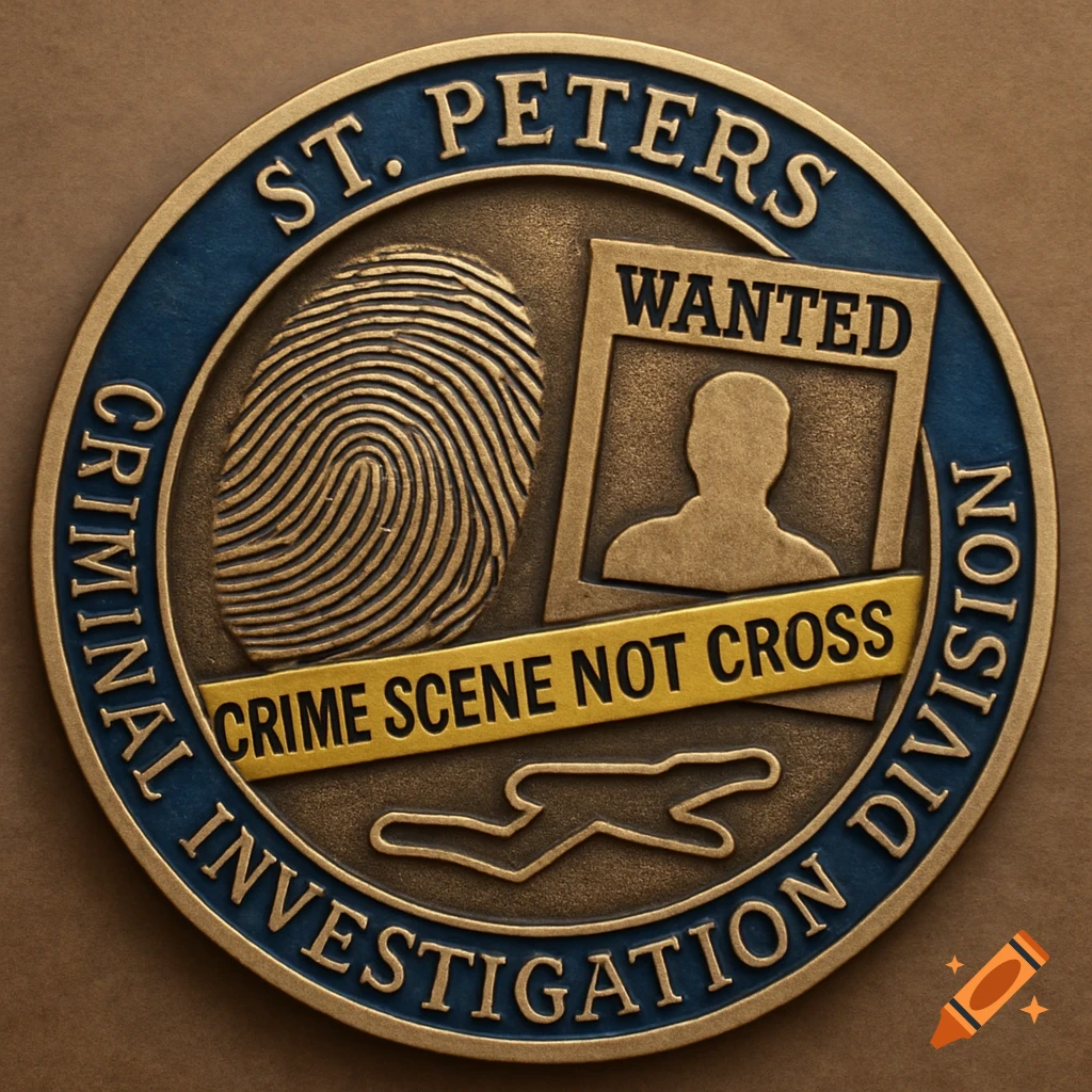 A metallic challenge coin for St. Peters Criminal Investigation Division featuring a fingerprint, wanted poster, and crime scene tape.