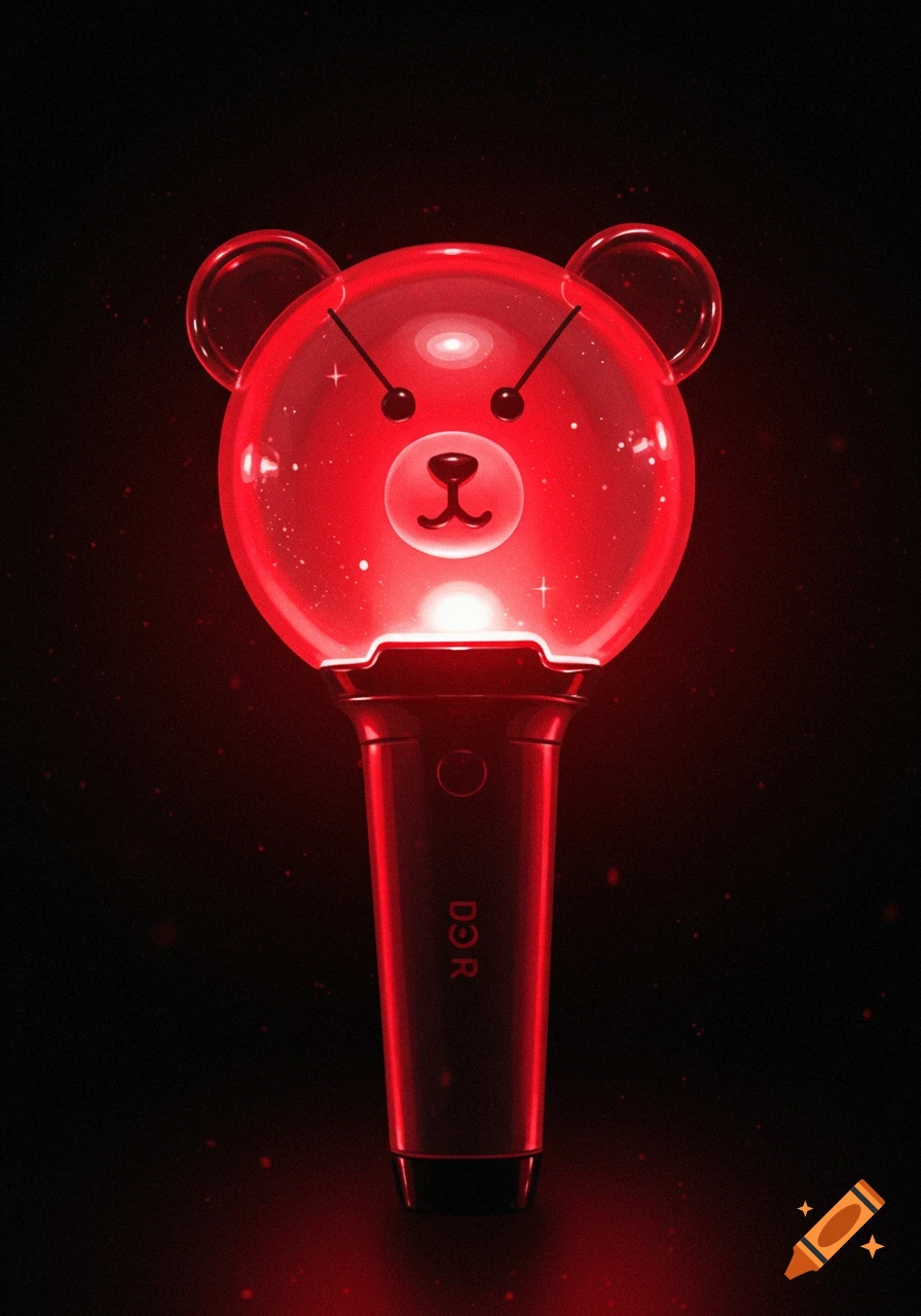 A red k-pop light stick shaped like a bear head, glowing brightly on a dark background.
