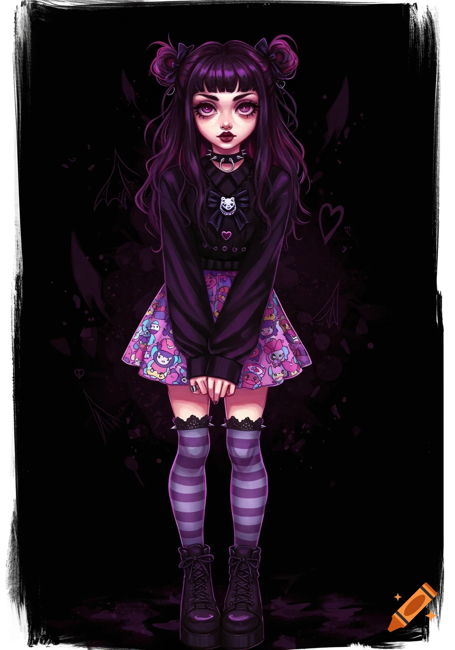 Gothic illustration of a woman with purple hair in alternative fashion