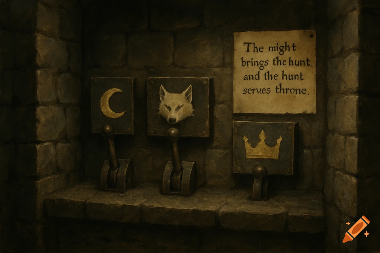 Three levers with symbols (moon, wolf, crown) and a text sign in a stone room, digital painting.