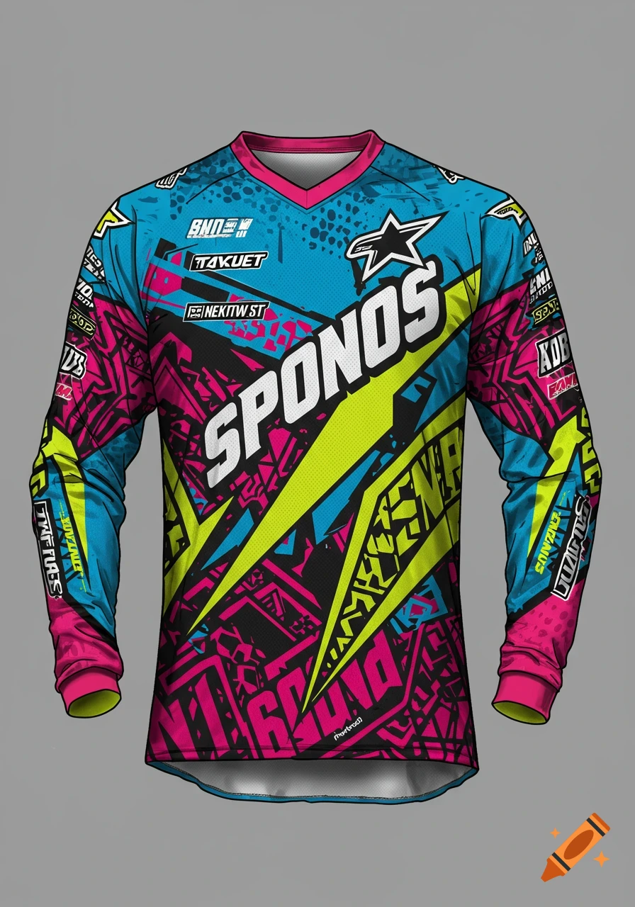 Brightly colored motocross jersey with sponsor logos