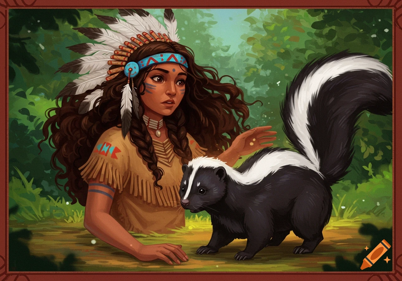 Illustration of a Native American woman in a feathered headdress and fringed outfit standing with a skunk in a forest clearing.