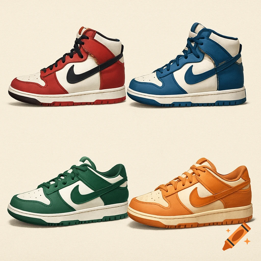 Four Nike Dunk sneakers in red, blue, green, and orange, two high-top and two low-top.