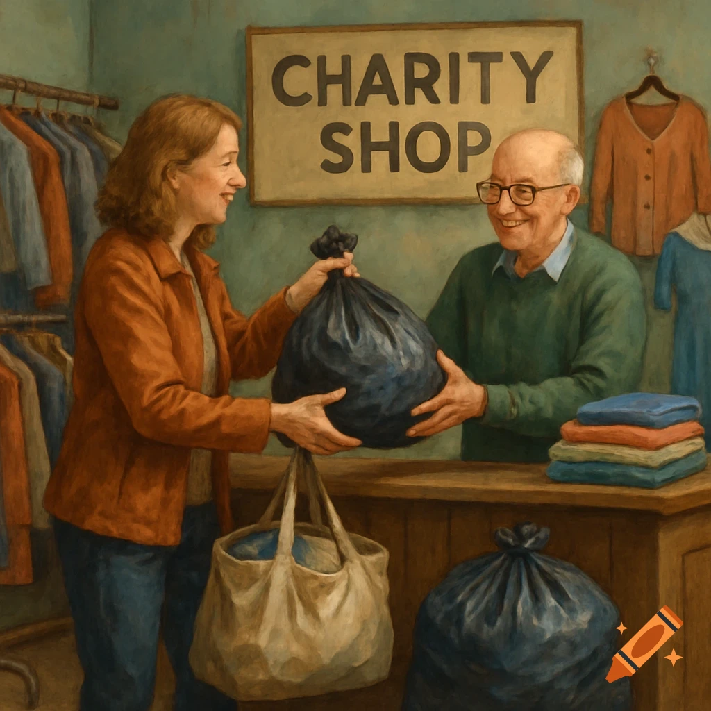 A woman gives a bag of clothes to a man behind a counter in a charity shop. Painterly style.