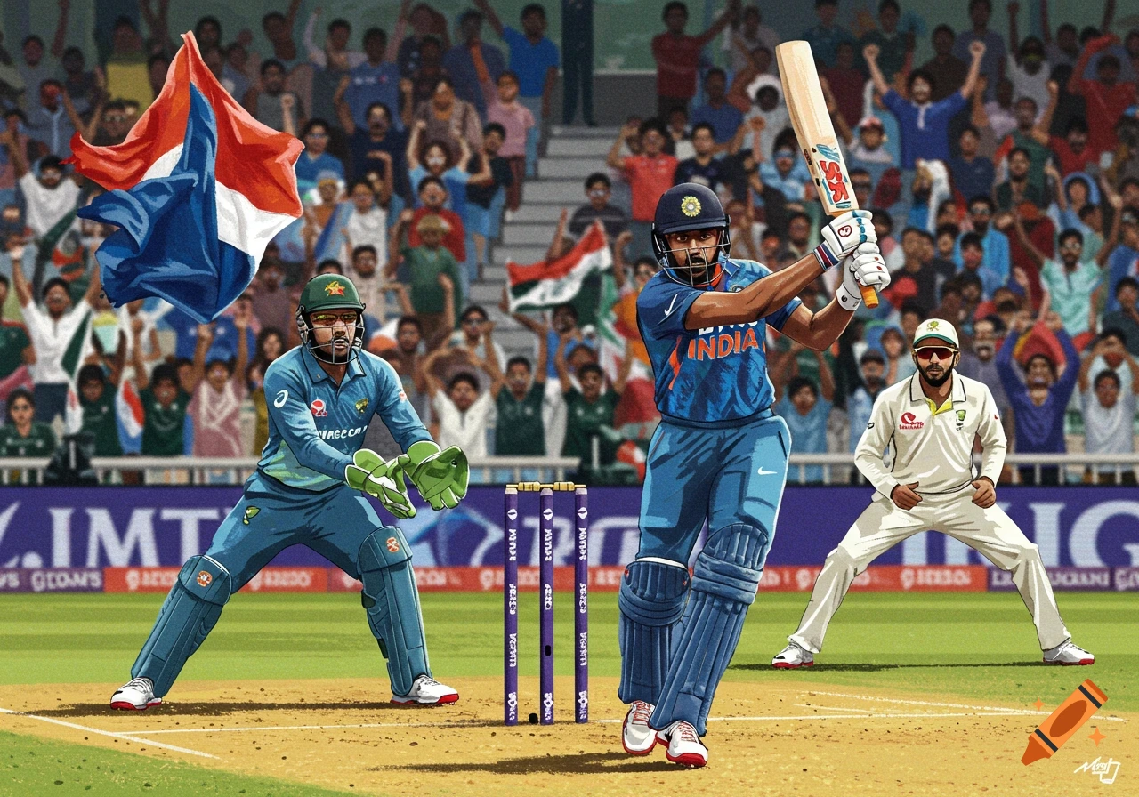 Cricket match in a stadium with a batsman, wicketkeeper, and fielder.