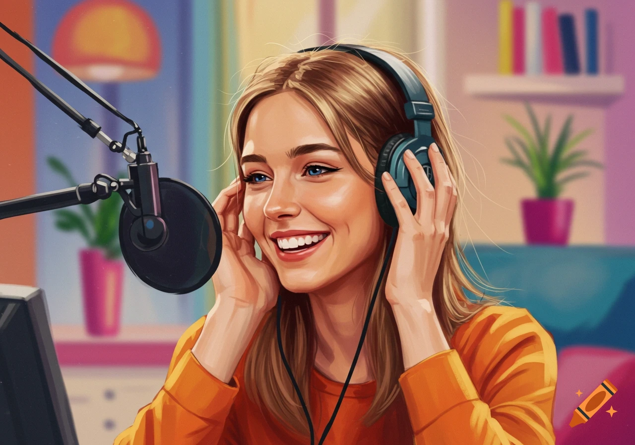 Illustration of a smiling woman with headphones at a microphone in a recording setting.