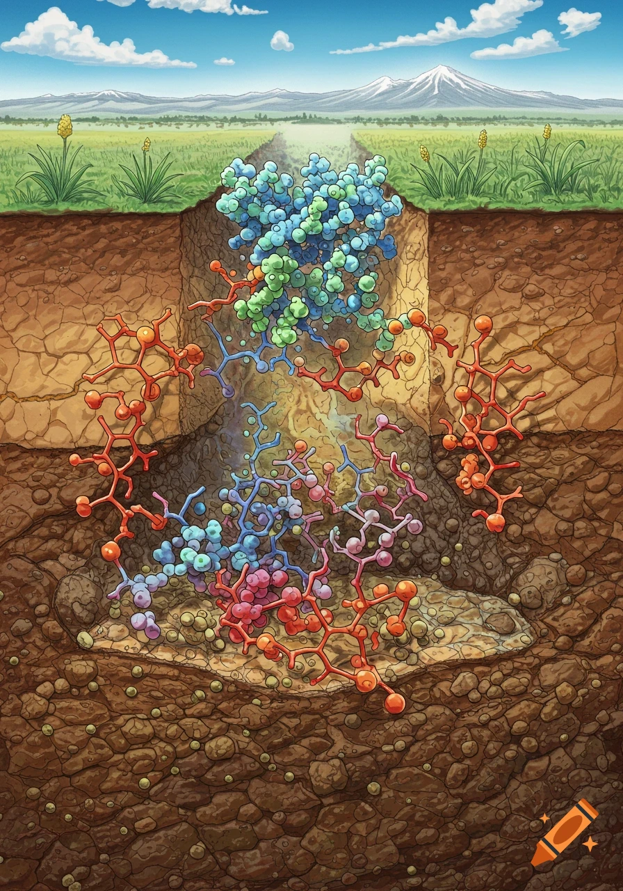Illustration of biopolymers and molecules interacting with soil structure beneath a grassy field and distant mountains.