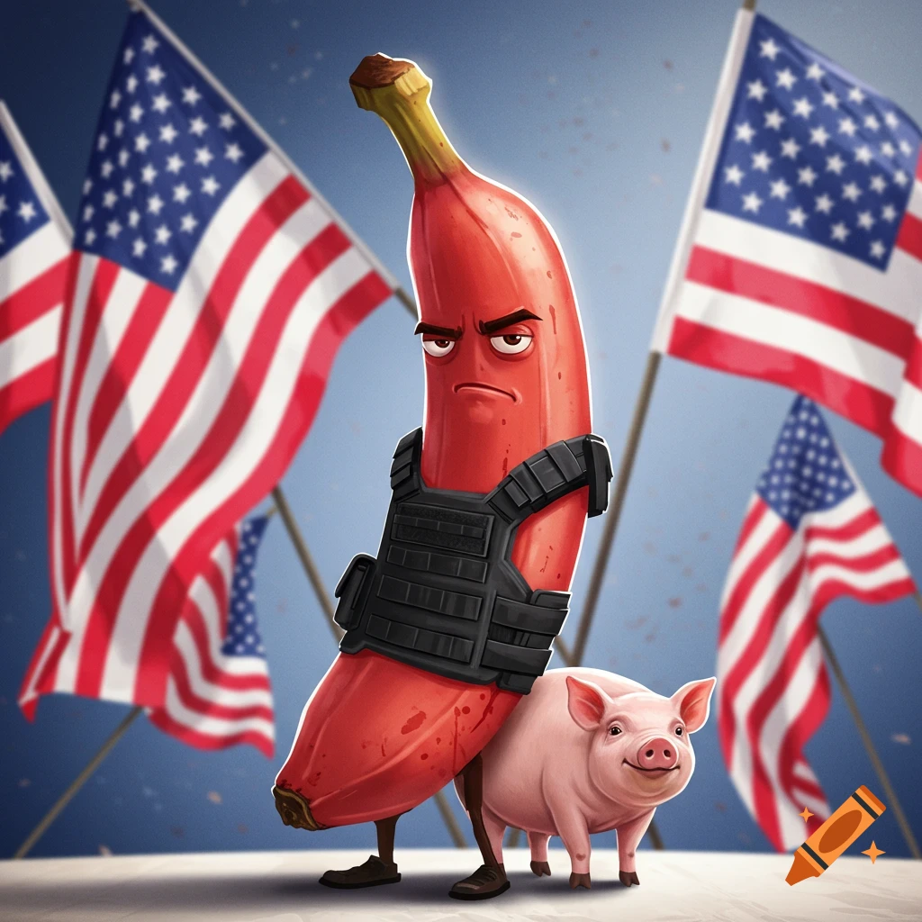 Cartoon red banana character in a tactical vest stands with a pig against a backdrop of US flags.