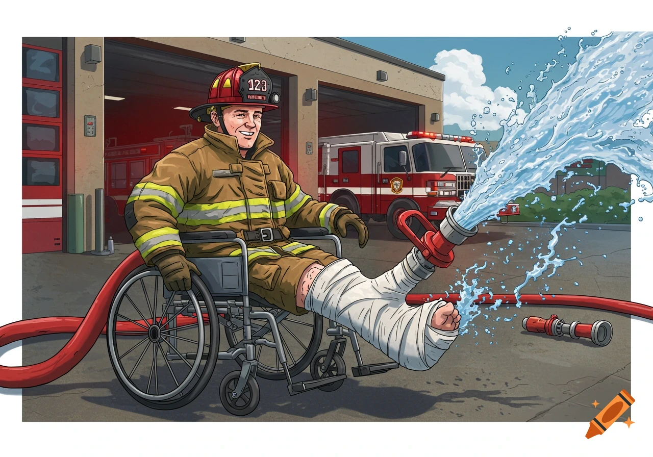 Illustration of a firefighter in a wheelchair with a broken leg that is a hose spraying water at a fire station.