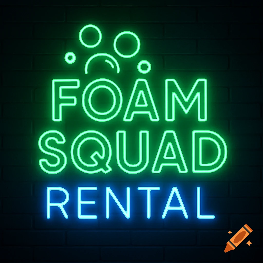Green and blue neon sign for 'FOAM SQUAD RENTAL' against a dark brick wall.