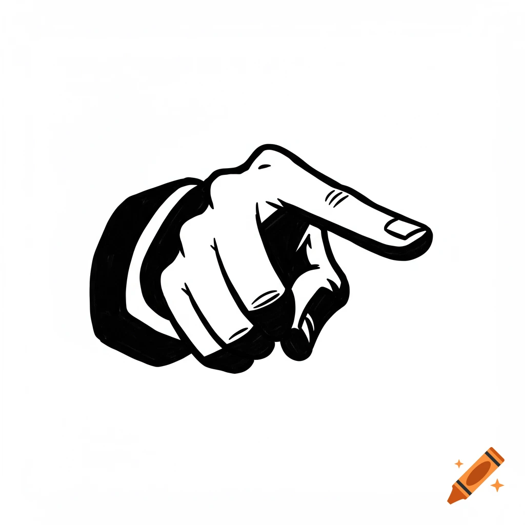Stylized black and white illustration of a hand pointing.