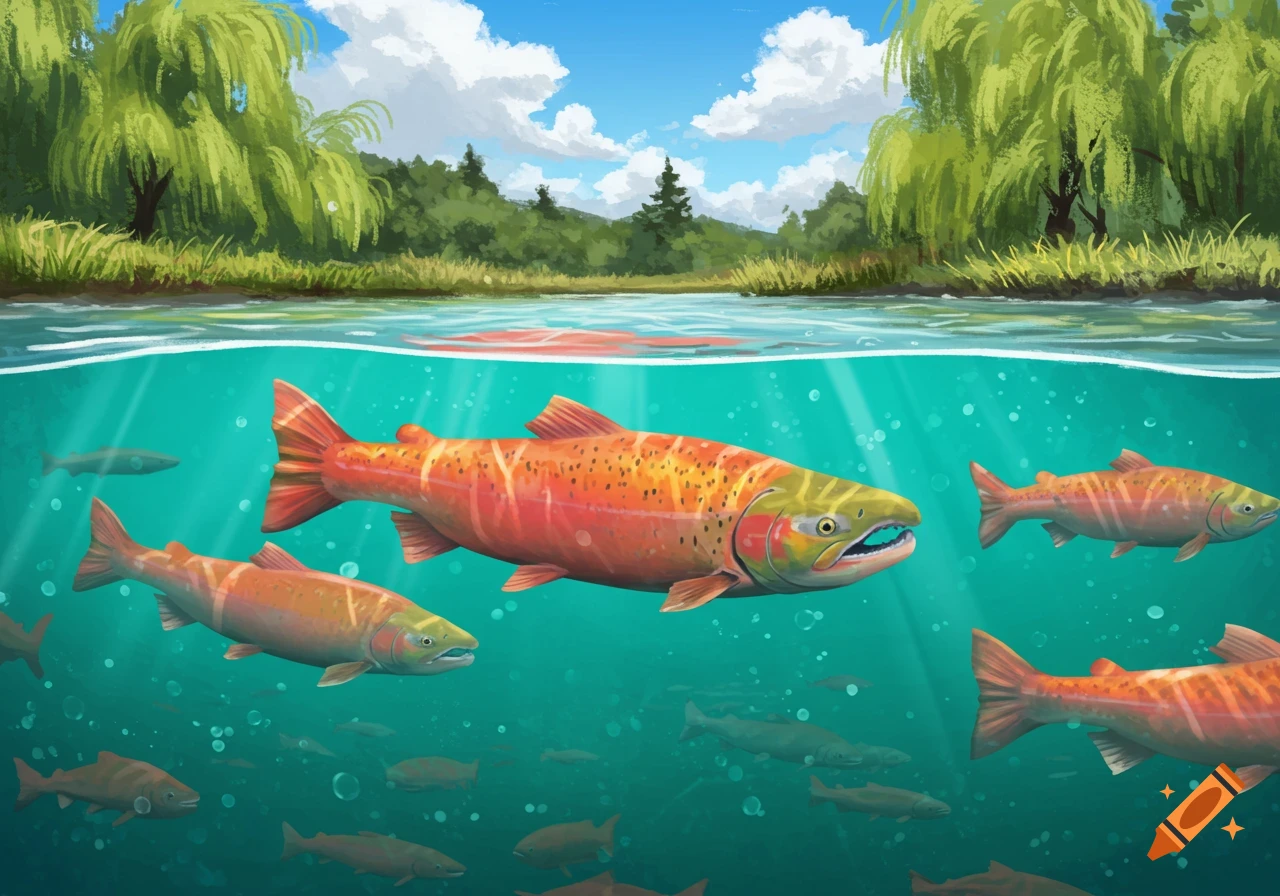 Illustration of large orange fish swimming underwater in a river, with green trees and blue sky visible above the surface.