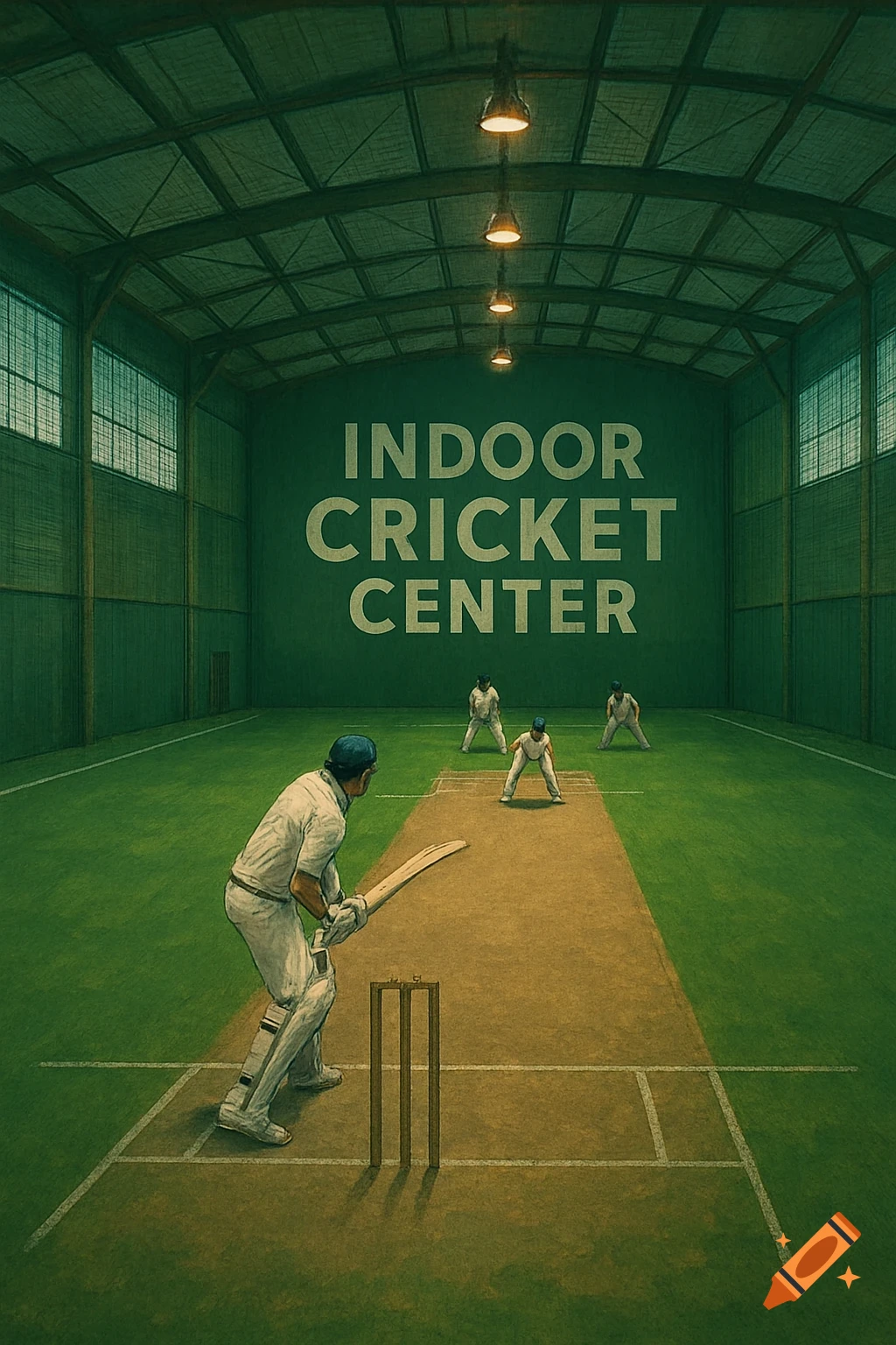 Illustration of an indoor cricket center with players on the pitch and "INDOOR CRICKET CENTER" text on the wall.