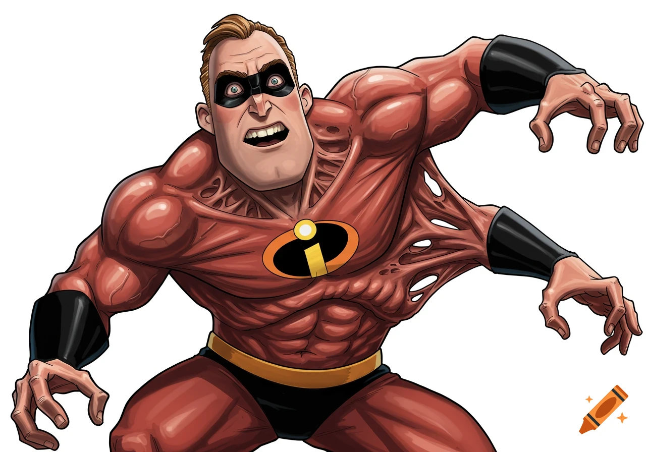Illustration of Mr. Incredible with red suit peeling away to show muscles and sinew