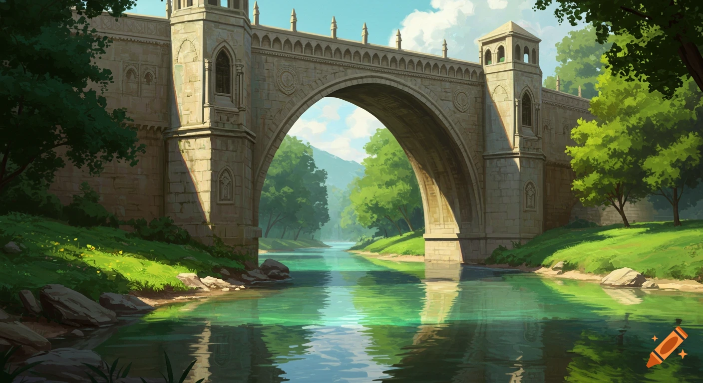 Painterly illustration of a stone bridge over a river in a green valley.