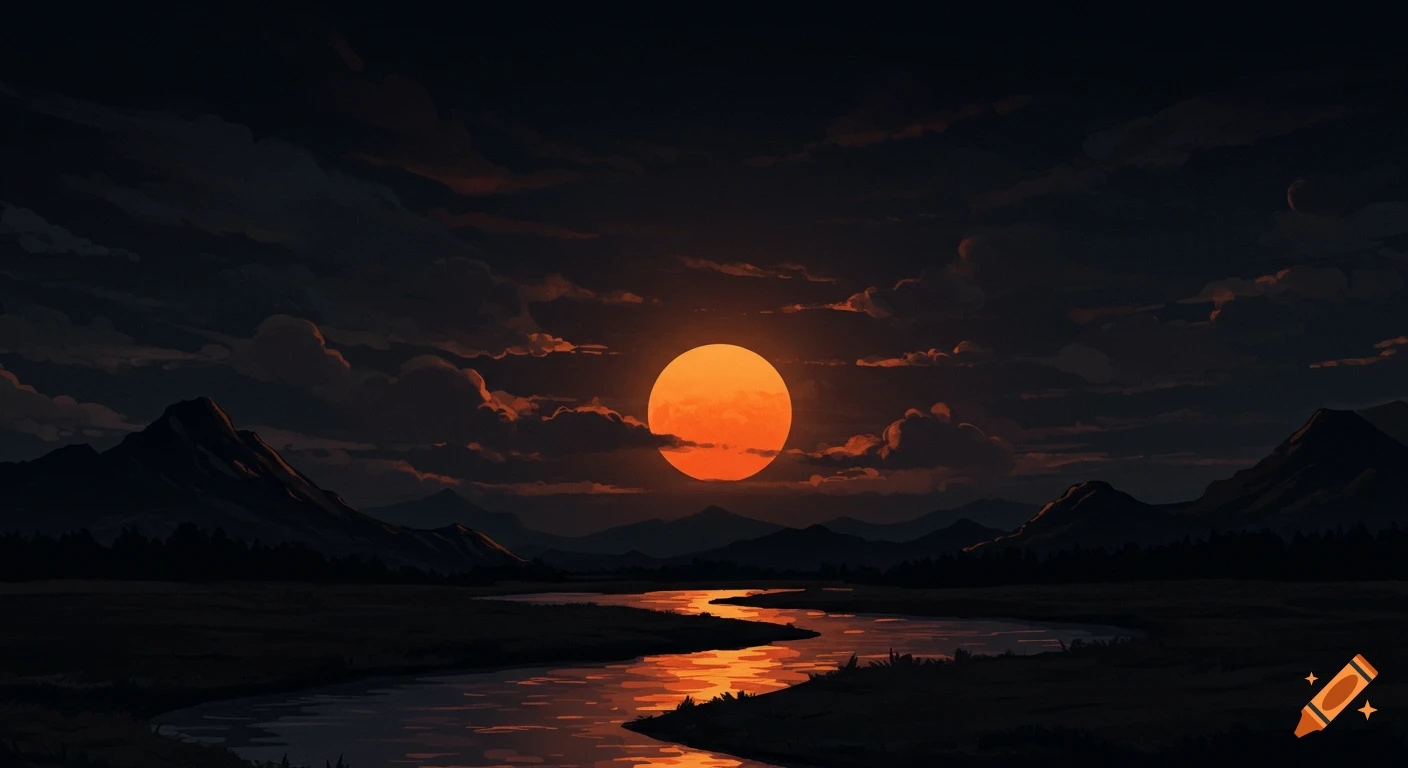 Stylized landscape with large orange moon reflecting on a river at night.