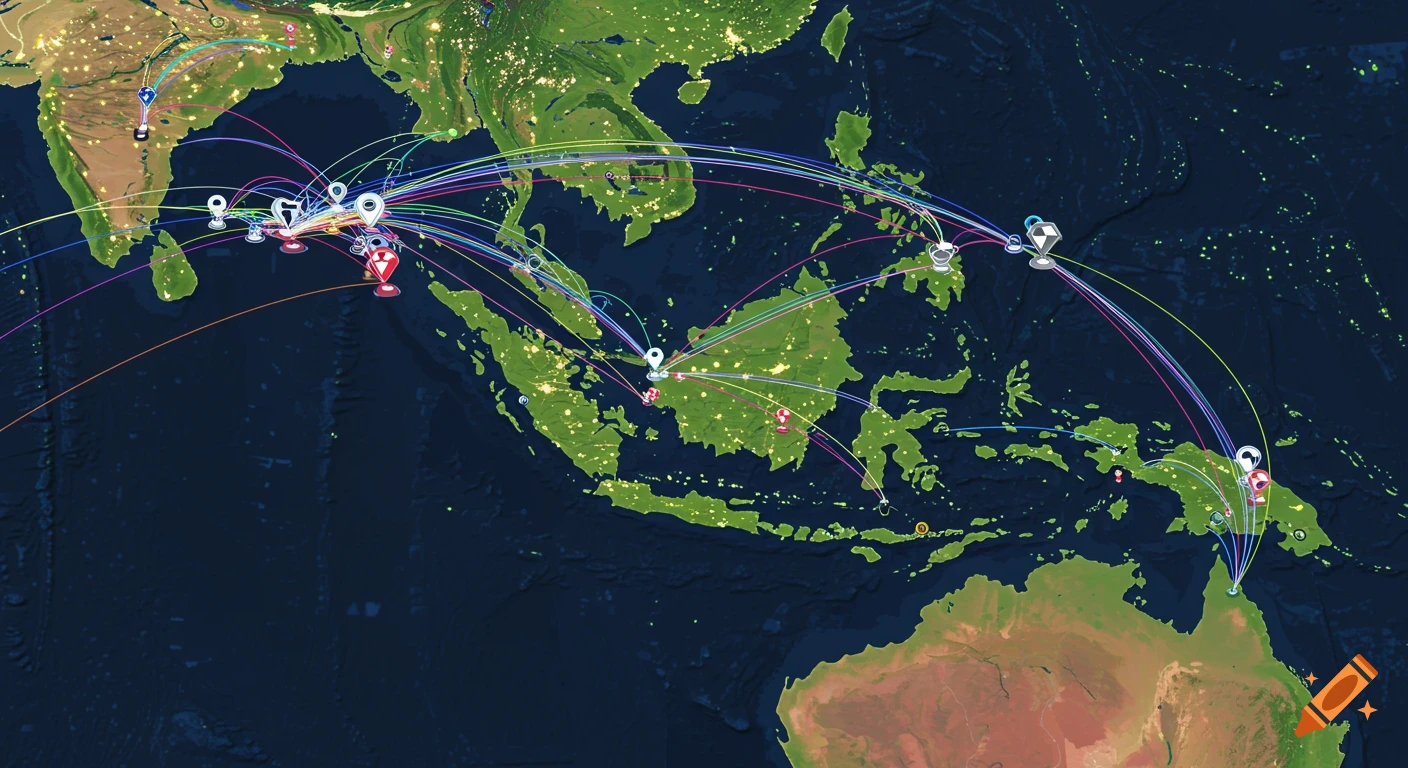 A map of Southeast Asia at night with colorful lines connecting various locations.