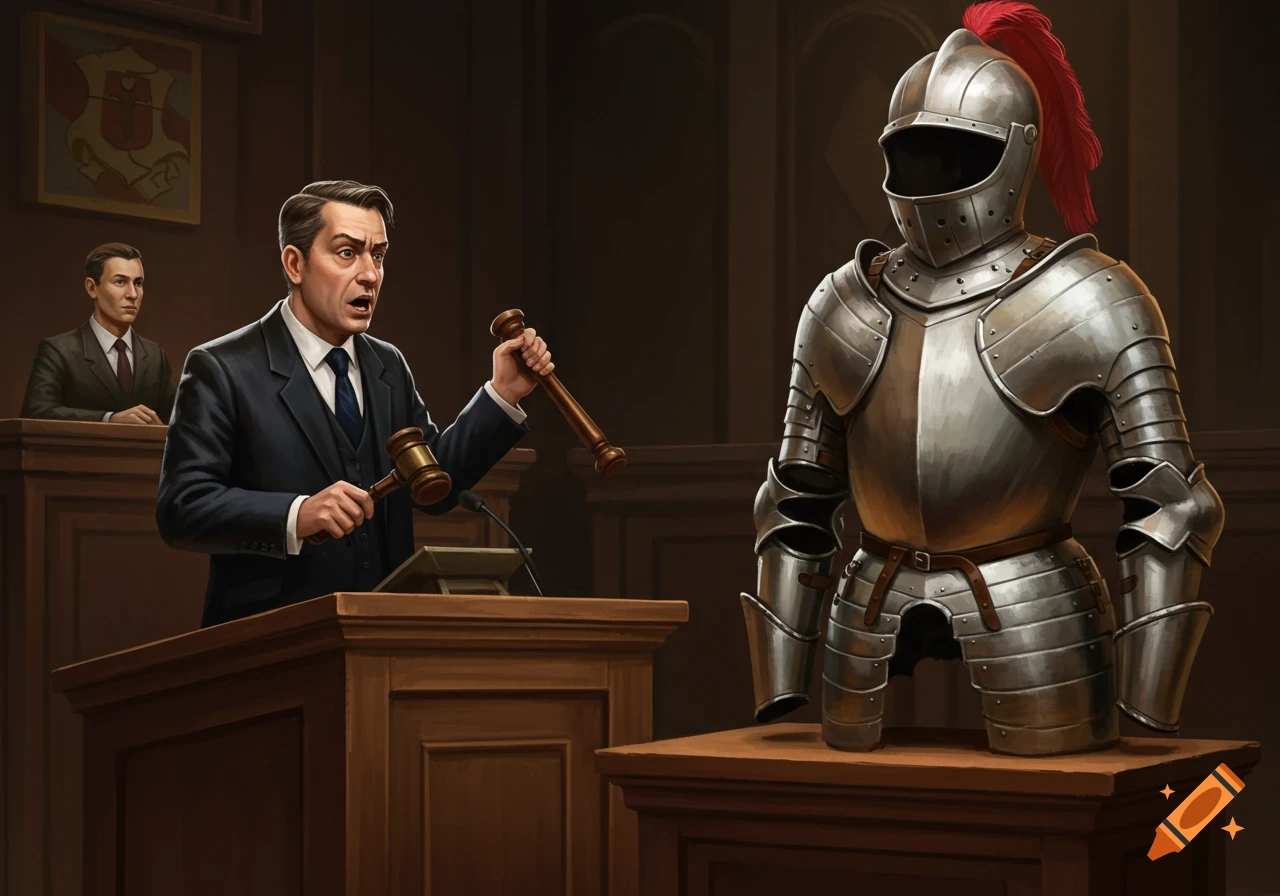 An auctioneer with two gavels stands next to a suit of armor in a courtroom.