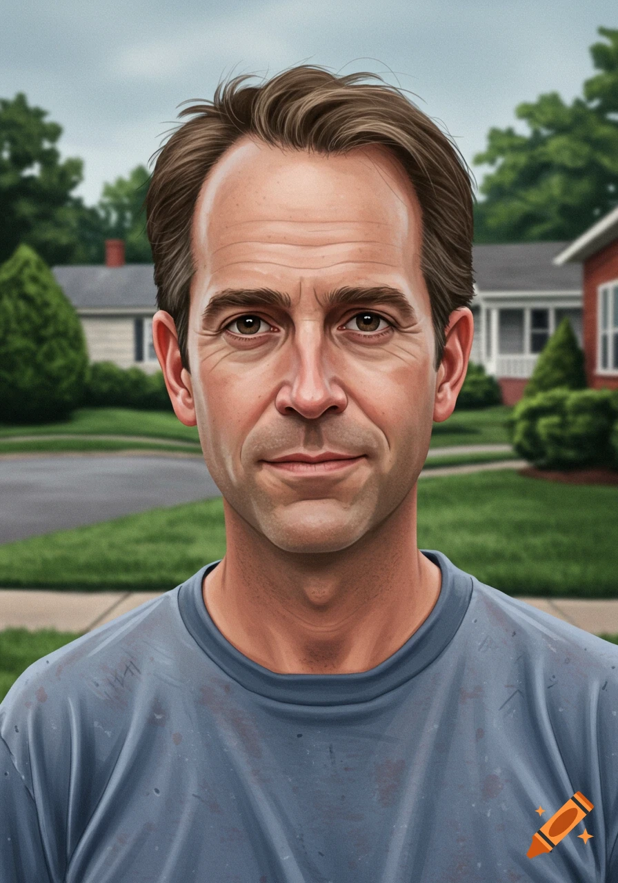 A realistic painting portrait of a man in a blue shirt standing in a suburban neighborhood.