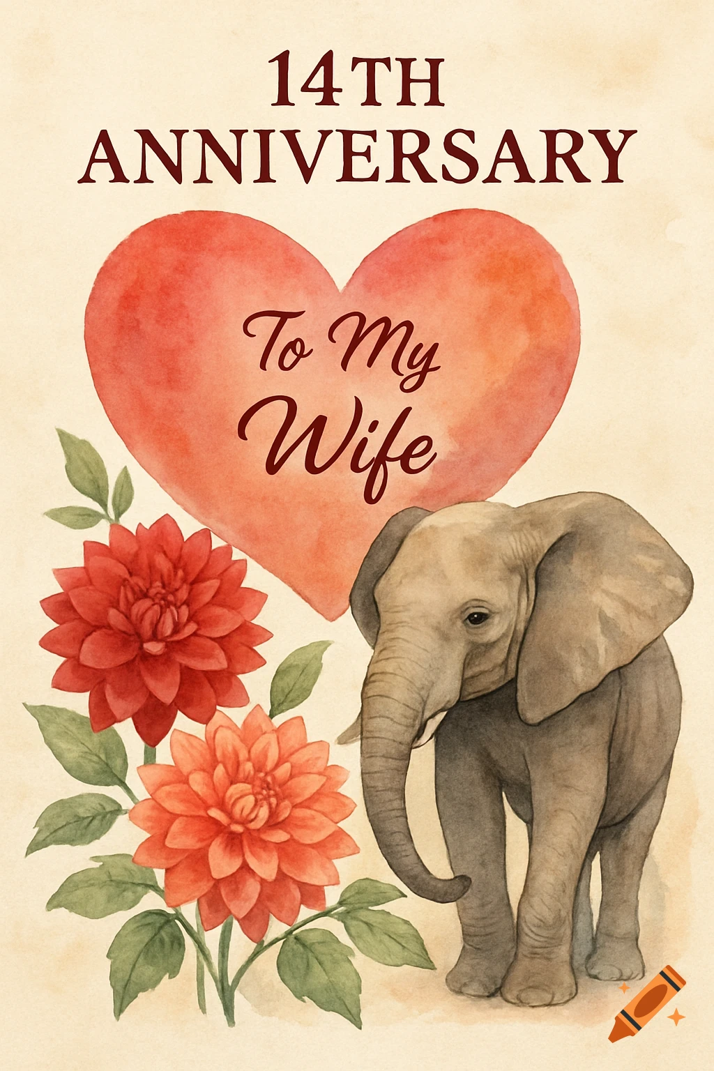 Watercolor anniversary card with a heart, dahlia flowers, elephant, and text '14th Anniversary To My Wife'.