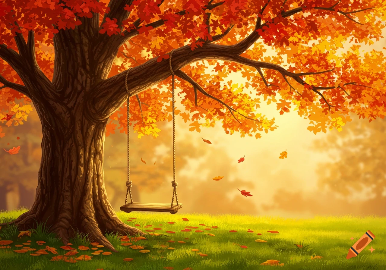 A wooden swing hangs from a large tree with bright red and orange autumn leaves falling onto green grass.