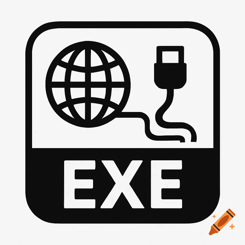 Black and white icon of a globe connected to a plug above the text EXE