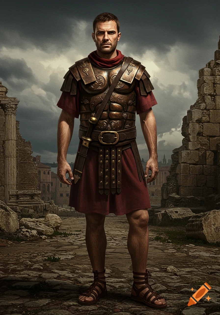 A photorealistic image of a Roman soldier in armor standing among ruins.