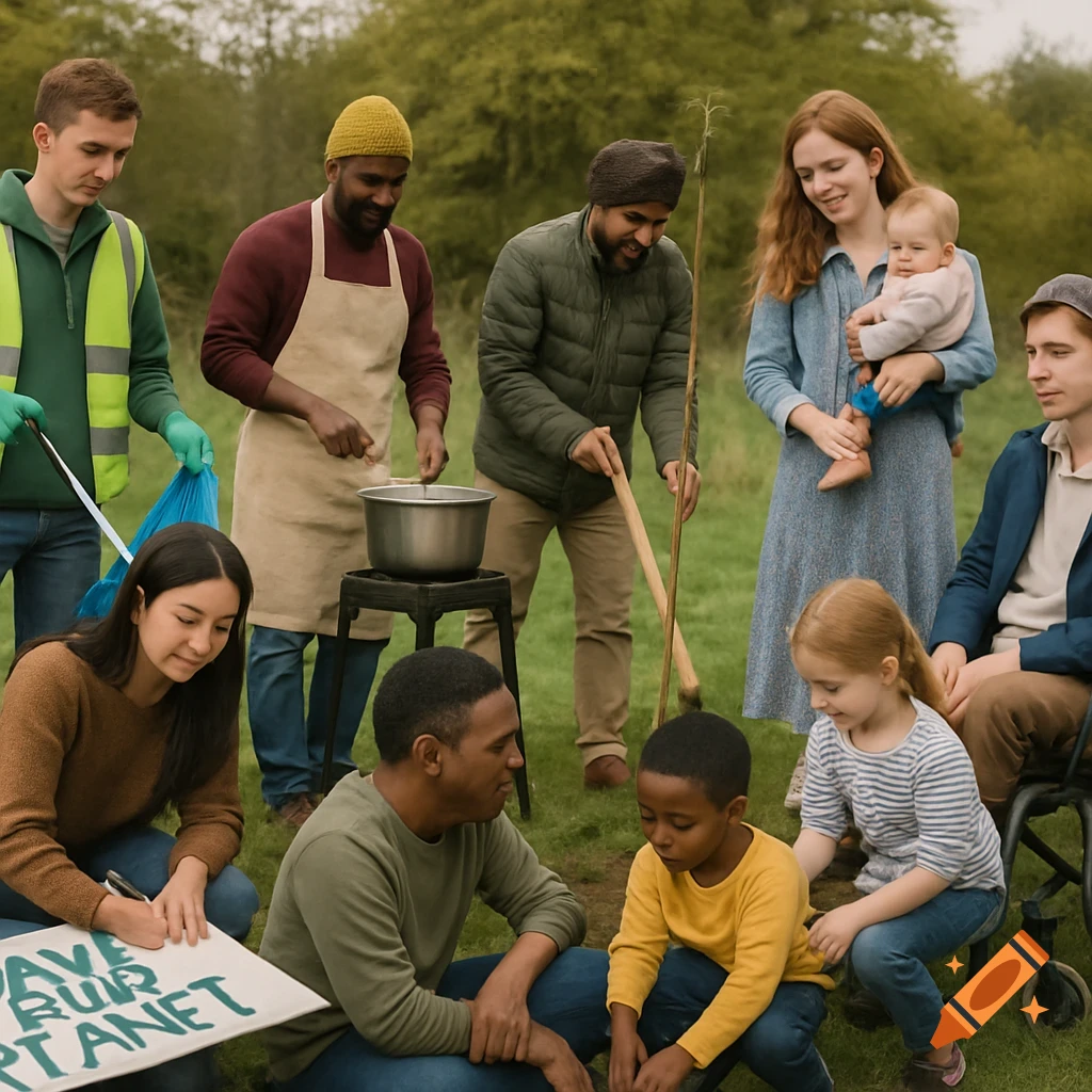 Diverse group of people of all ages and backgrounds in a park, planting a tree and cleaning up litter.