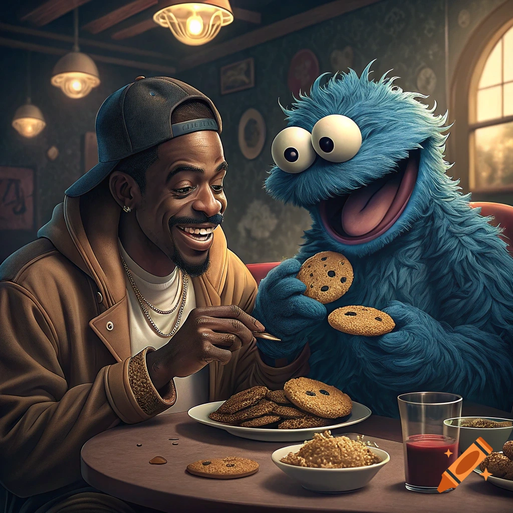 Andre 3000 and Cookie Monster sit at a table eating cookies in a photorealistic style.