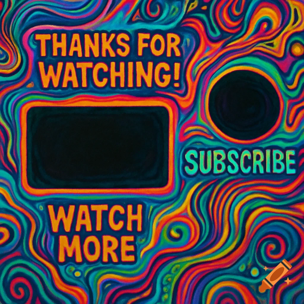 Trippy abstract design for a YouTube outro card with text 'Thanks for watching!', 'Subscribe', 'Watch more' and video/subscribe placeholders.