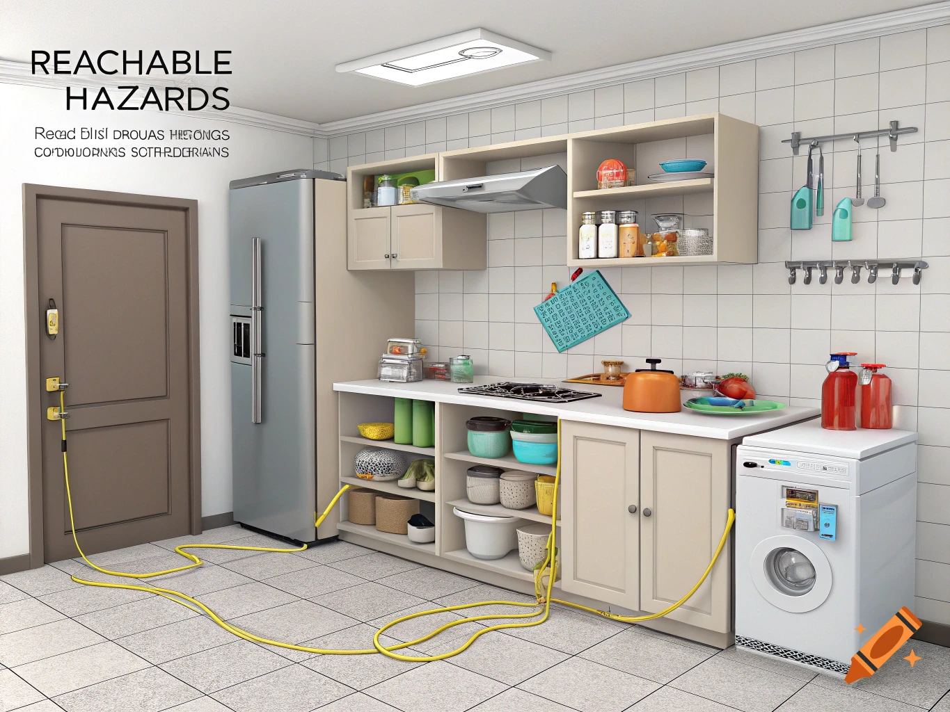 Kitchen interior with exposed electrical cords and cleaning product bottles, depicting reachable hazards.