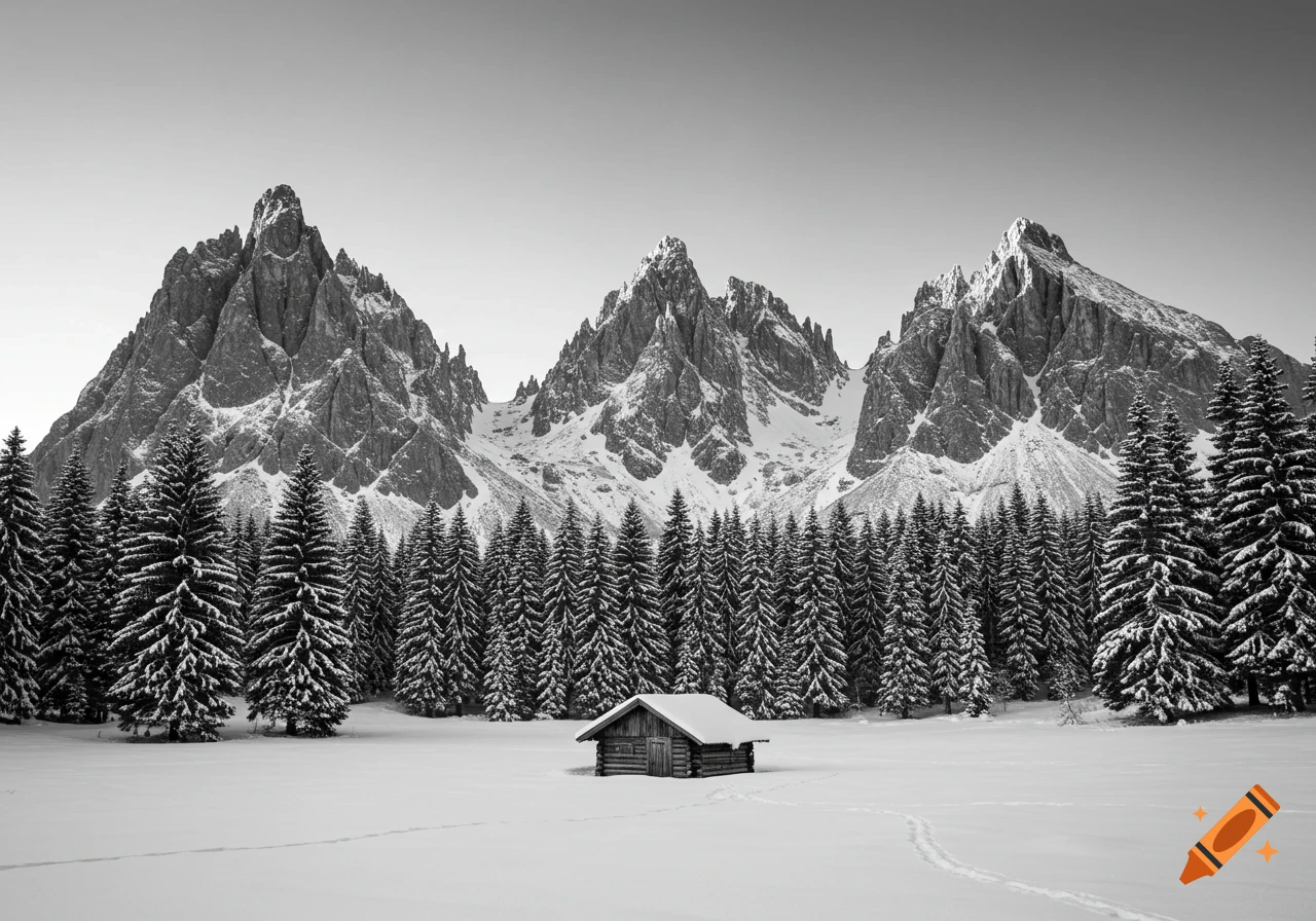 Black and white winter landscape with three mountains, pine trees, a cabin, and footprints in the snow.