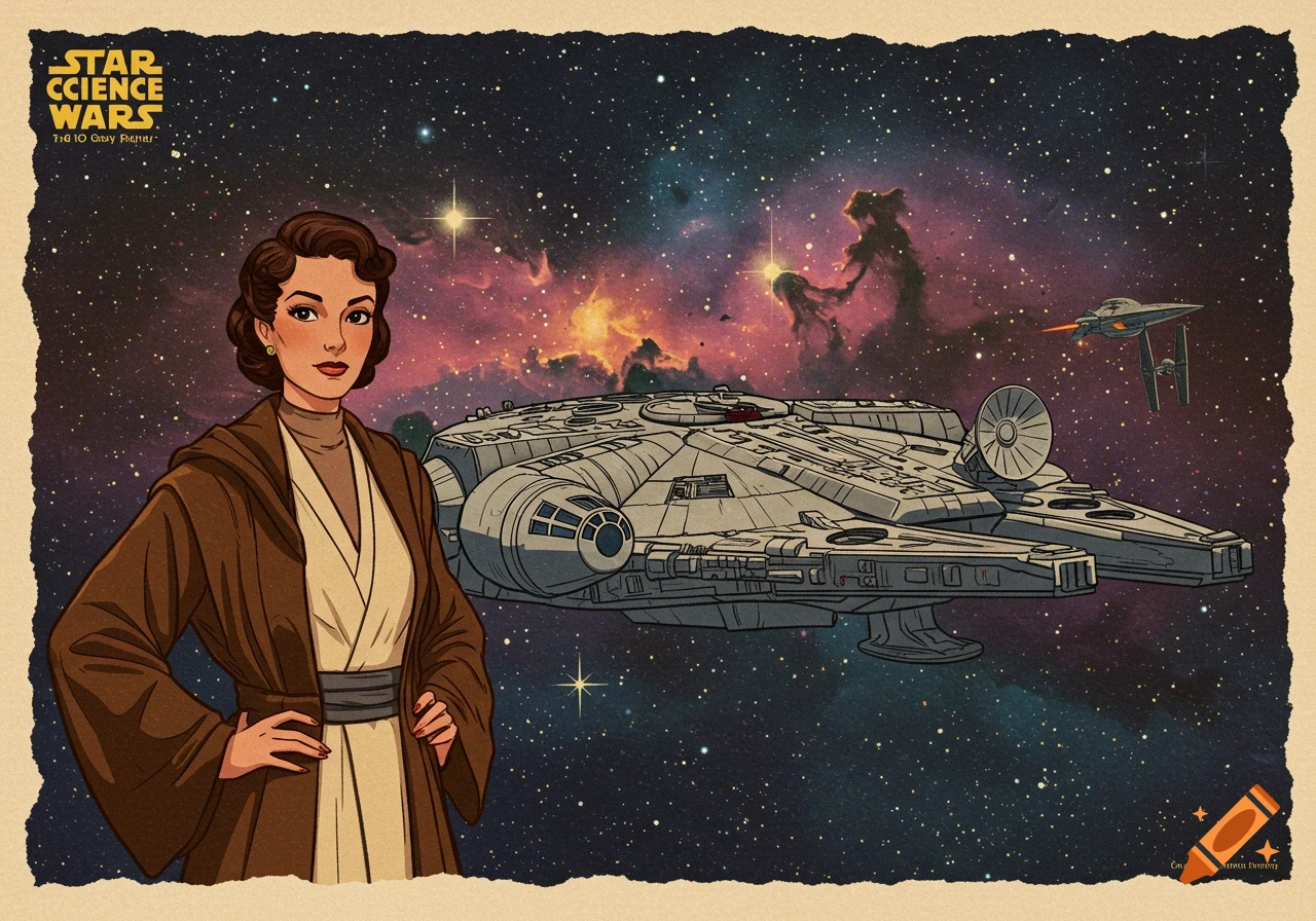Vintage illustration of a woman in robes like a Jedi, with the Millennium Falcon and a TIE fighter in space.