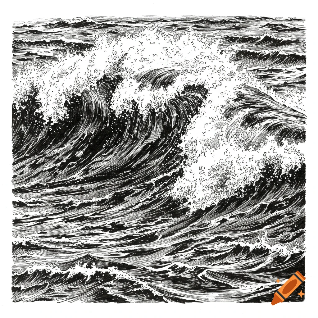 Black and white ink drawing of crashing ocean waves.