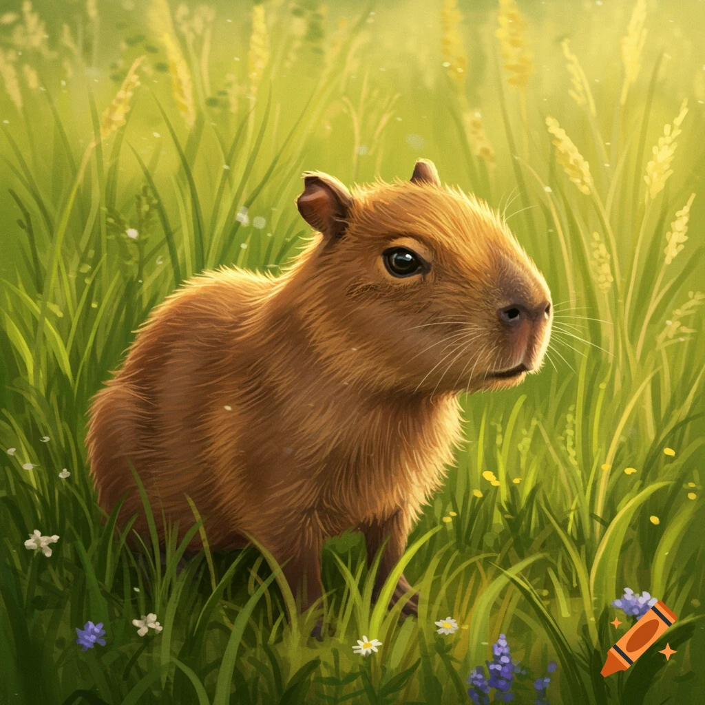 A baby capybara sits in tall green grass with wildflowers, rendered in a painterly style.