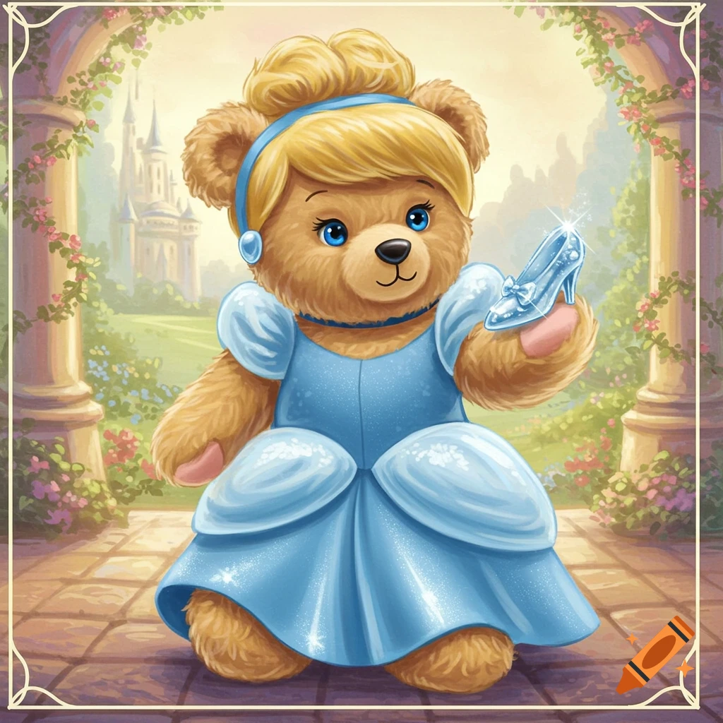Illustration of a teddy bear dressed as Cinderella holding a glass slipper in a garden with a castle.