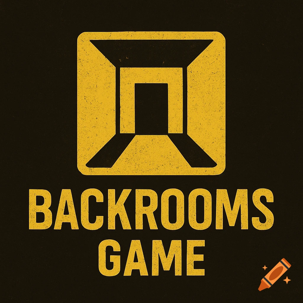 Logo for a Backrooms game featuring a yellow symbol of a hallway and the text 'BACKROOMS GAME' on a dark background.