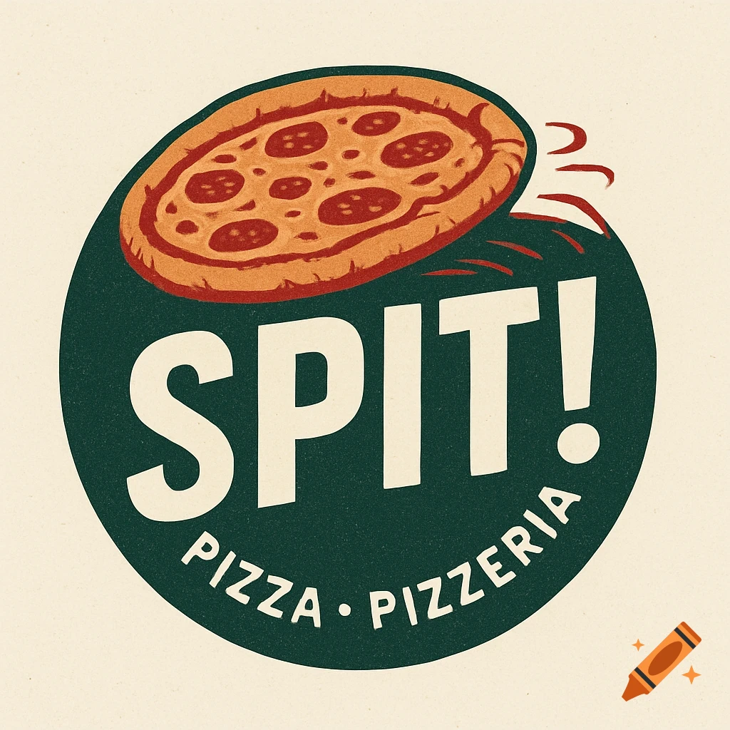 A vintage-style logo featuring a pizza above a dark green circle with white text reading "SPIT!" and "PIZZA \u2022 PIZZERIA".