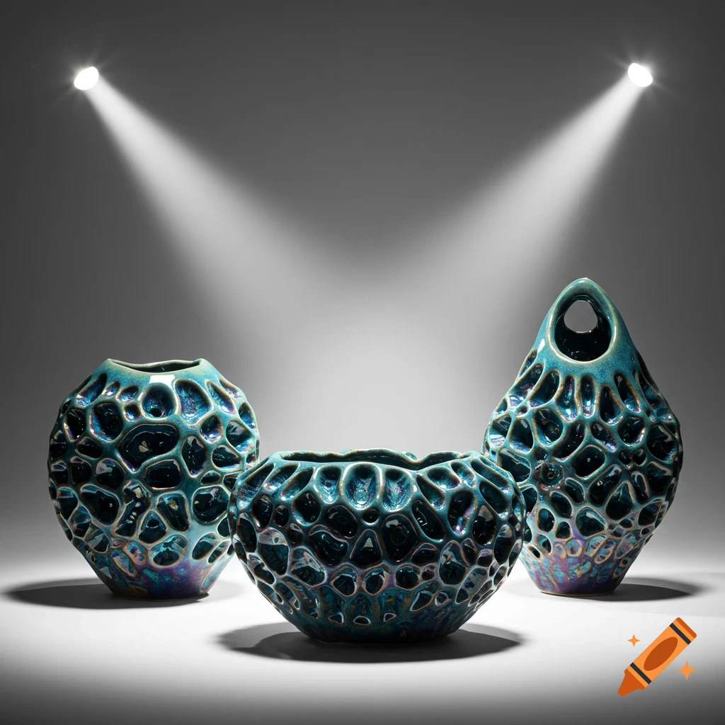Three teal textured ceramic vessels under spotlights.