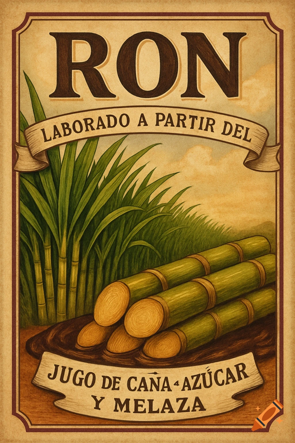Vintage label illustration for RON rum, showing sugarcane stalks and cut cane pieces.