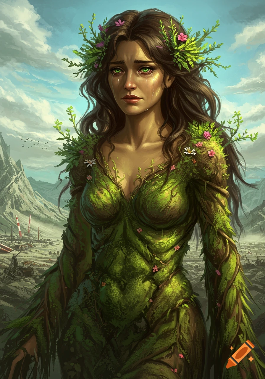 A crying woman figure made of plants stands in a desolate landscape, painted in a fantasy art style.