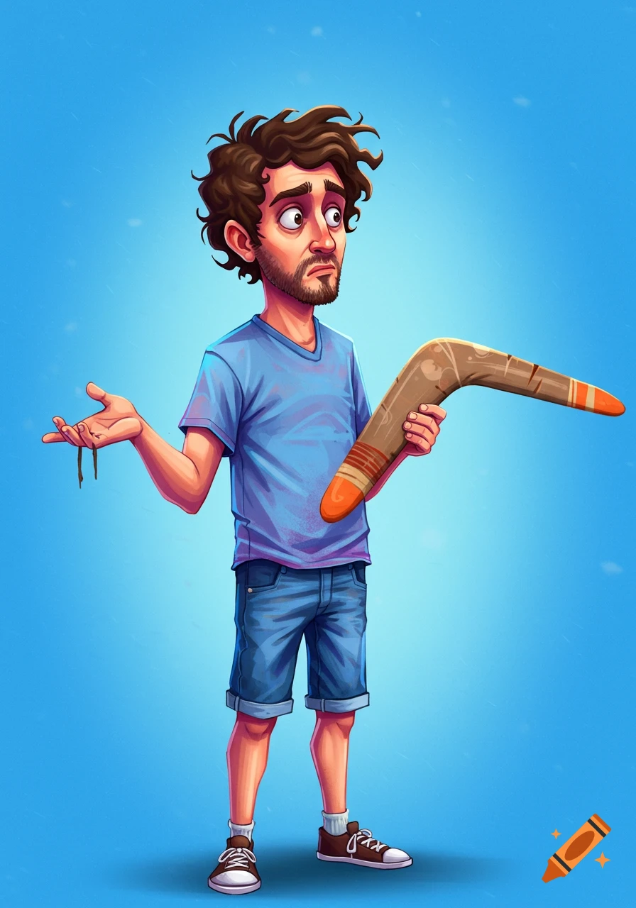 Cartoon illustration of a confused man holding a boomerang.