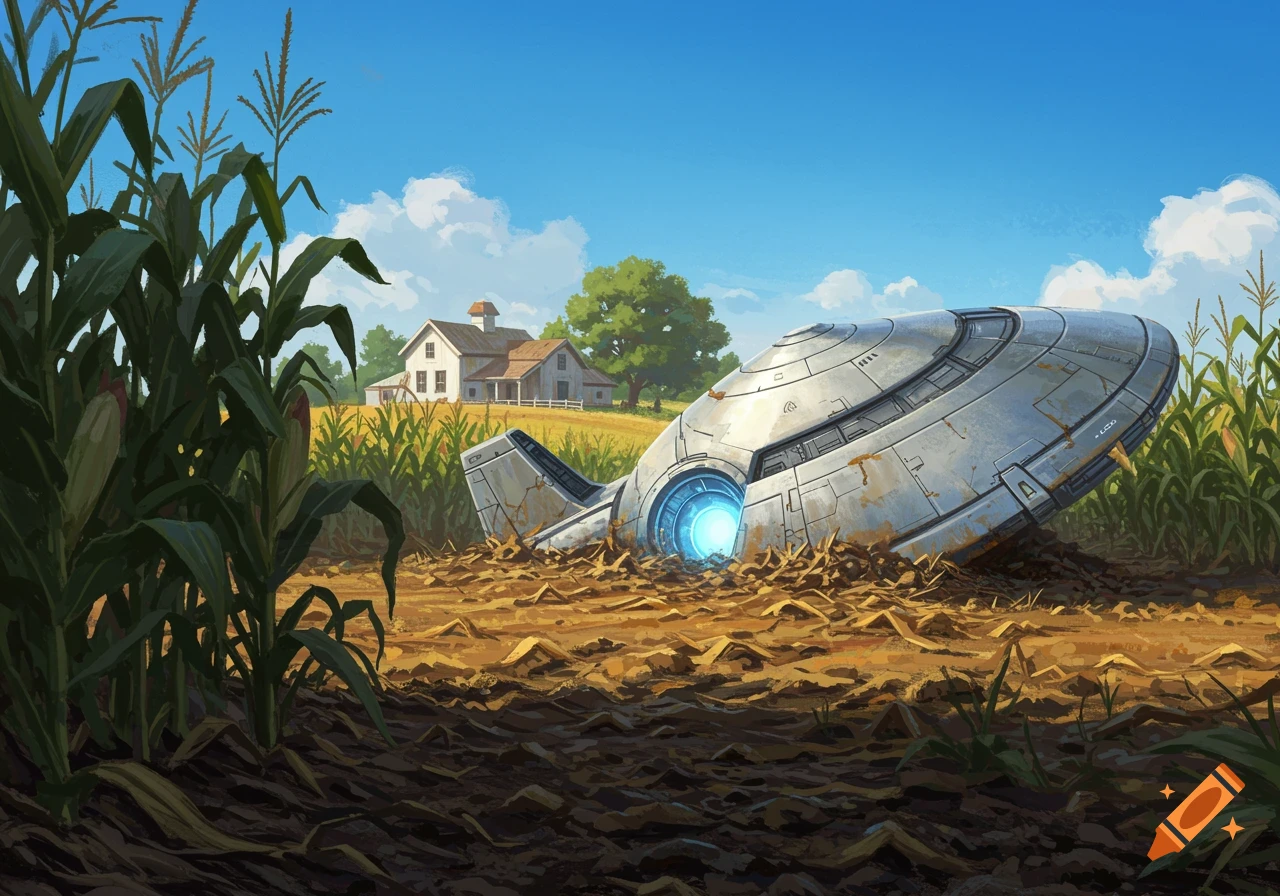 A silver spaceship is crashed in a cornfield next to a white farmhouse under a blue sky.