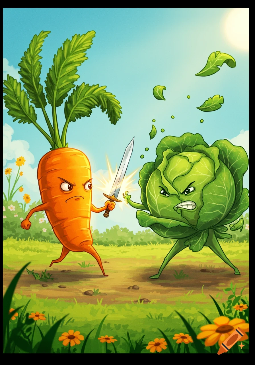 Cartoon carrot and cabbage fighting with a sword in a field.
