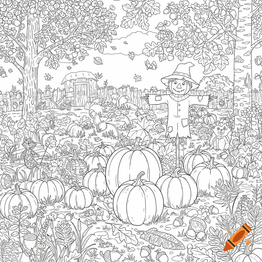 A black and white line drawing coloring page of a fall scene with pumpkins, a scarecrow, trees, and small animals.