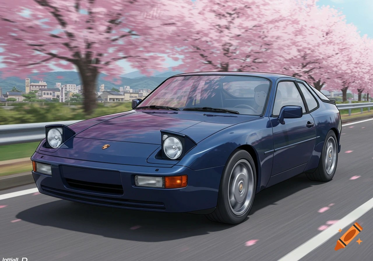 Dark blue Porsche 944 driving on a road lined with cherry blossom trees in anime style.