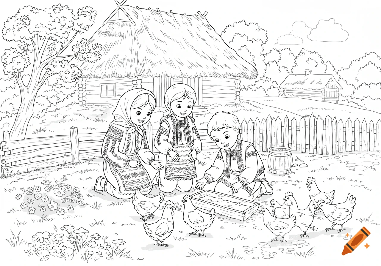 Line drawing of children feeding chickens at a farm