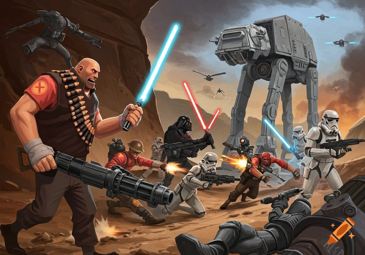 Heavy and other Team Fortress 2 characters fight Stormtroopers, Darth Vader, and an AT-AT in a Star Wars desert battle.