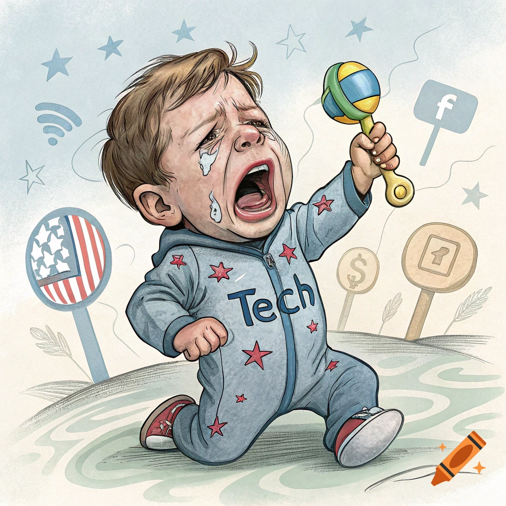 Political cartoon of a crying baby labeled 'Tech' with symbols for the US, Facebook, and money.