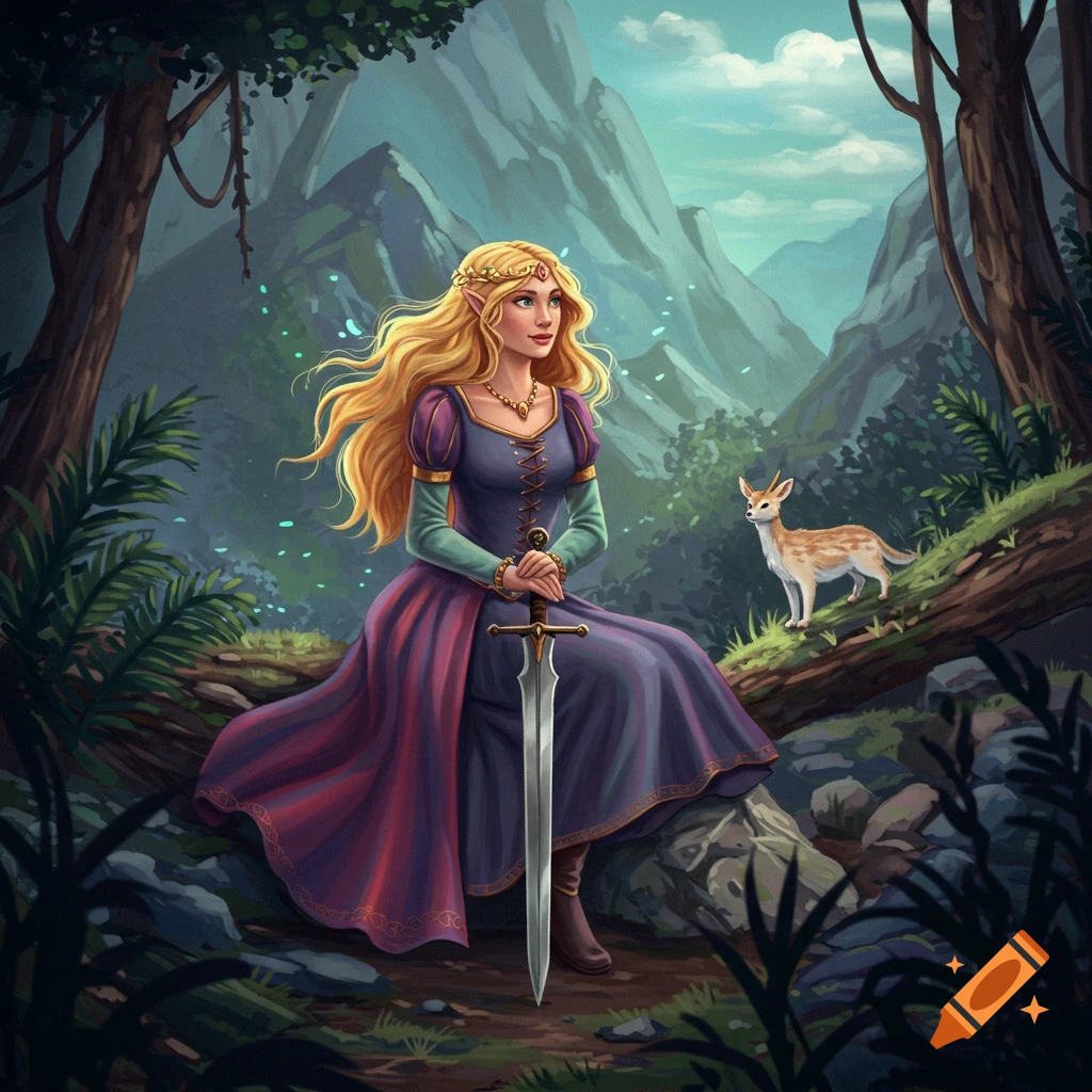 A blonde elf woman in a purple and green dress sits in a forest clearing with a sword and a small deer, fantasy art style.